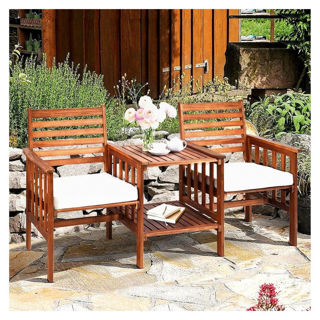 Gartenbank aus Holz mit Tisch, 2-Sitzer Holzbank für den Außenbereich mit Kissen, Sitzbank für den Garten mit Schirmloch, Friesenbank bis 350 kg...