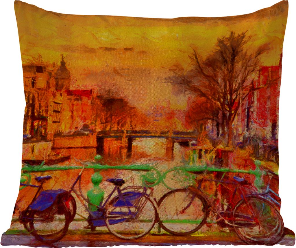 MuchoWow Outdoor Kissen - Gemälde - Fahrrad - Amsterdam - Gracht - Öl - 40x40 cm - Wetterfest - Lounge Kissen - Kopfkissen - Interieur - Polste...