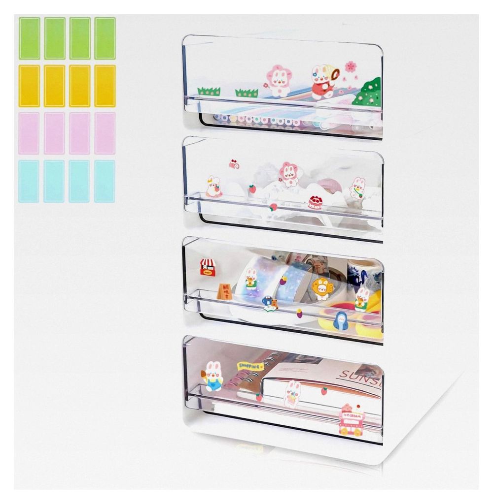 4 Stück stapelbare Schreibtischorganizer mit 4 Schubladen, transparente weiße Schubladenboxen mit Etiketten, Kunststoff Aufbewahrungsbox für Sch...