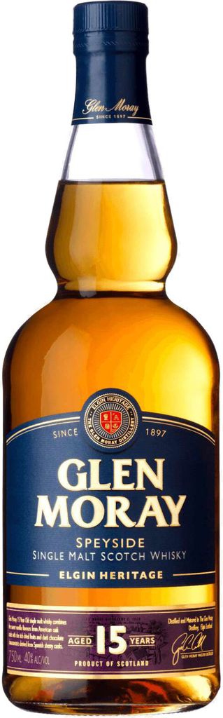 A bottle of Glen Moray 15 Years Speyside Single Malt Scotch Whisky.