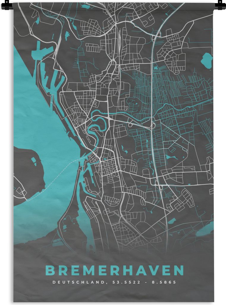 MuchoWow Wandteppich Wandbehang Blau - Deutschland - Karte - Stadtplan - Bremerhaven 90x135 cm Tapisserie Dekoration Wandtuch - Baumwolle - Wands...