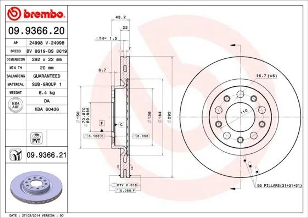 Disque de frein avant ventilé Brembo 09.9366.21 pour Alfa 159 et Brera