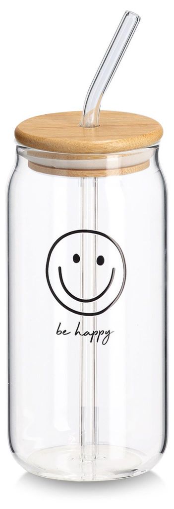 Zeller Trinkglas "Happy" m. Bambusdeckel u. Glastrinkhalm