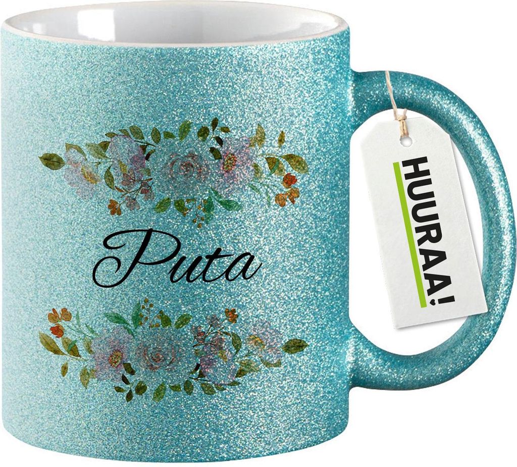 Huuraa Glitzertasse Puta spanisch Blumen 330ml Blau Keramik Kaffeebecher Geschenkidee