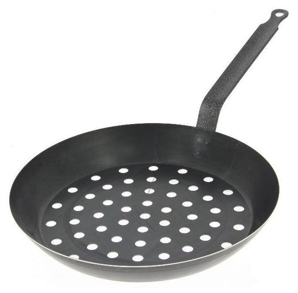 A black perforated pan with a short handle, shown against a white background.