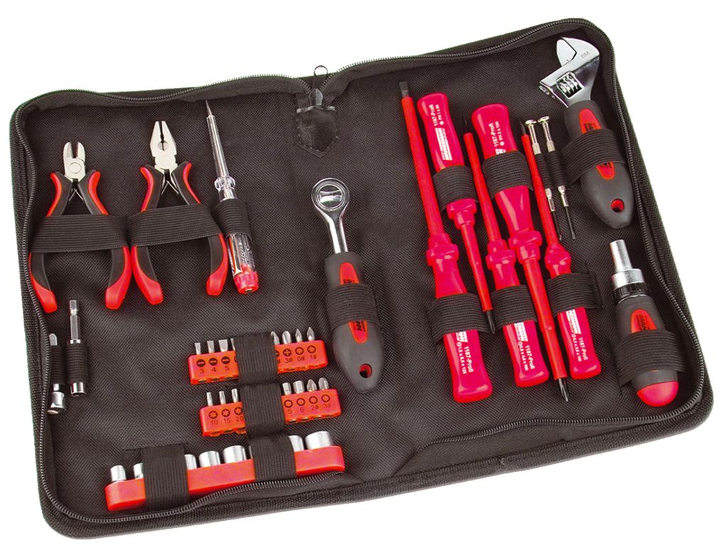 A tool kit laid out flat inside its case.
