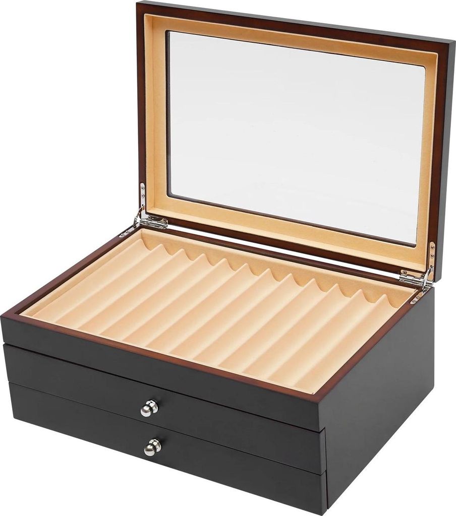 Stifte Displaybox - Aufbewahrungsbox - 34 Fächer - Holz - Samt-Innenfutter - Für Füller, Kugelschreiber und Marker
