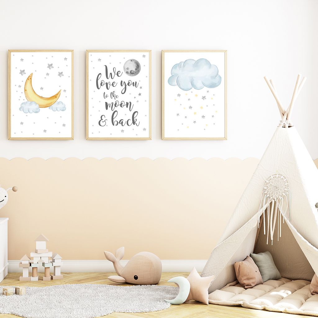 We Love You to the Moon and Back - 3er Set Bilder Kinderzimmer Deko DIN A4 Poster Babyzimmer Wandbilder