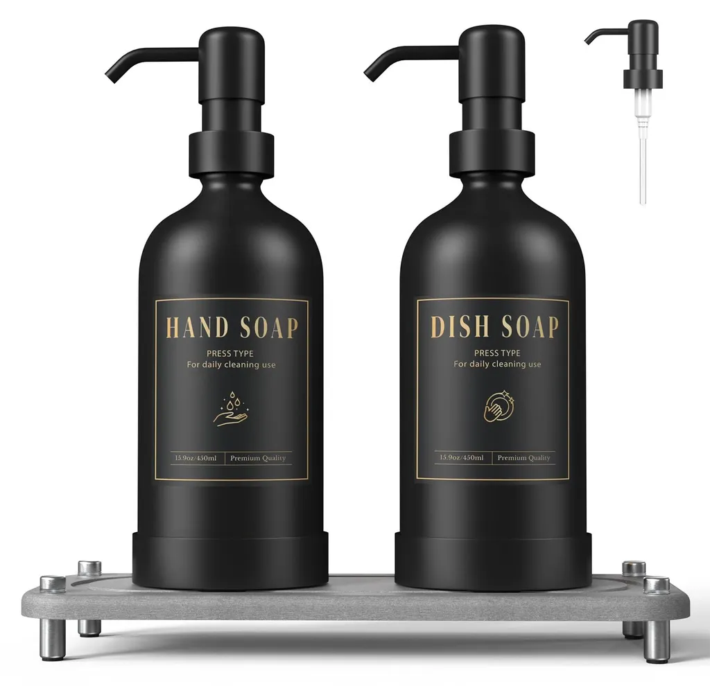 Distributeur de savon rechargeable 500ml verre avec pompes noires et grises