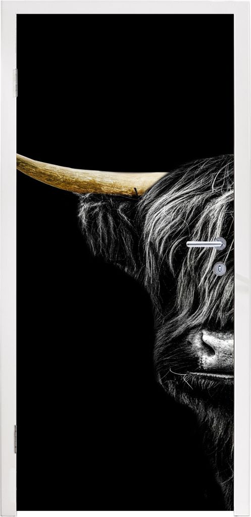 MuchoWow Türtapete Selbstklebende Türfolie Schottischer Highlander - Kuh - Schwarz & Gold 80x215 cm Türposter Türaufkleber Klebefolie Türkle...