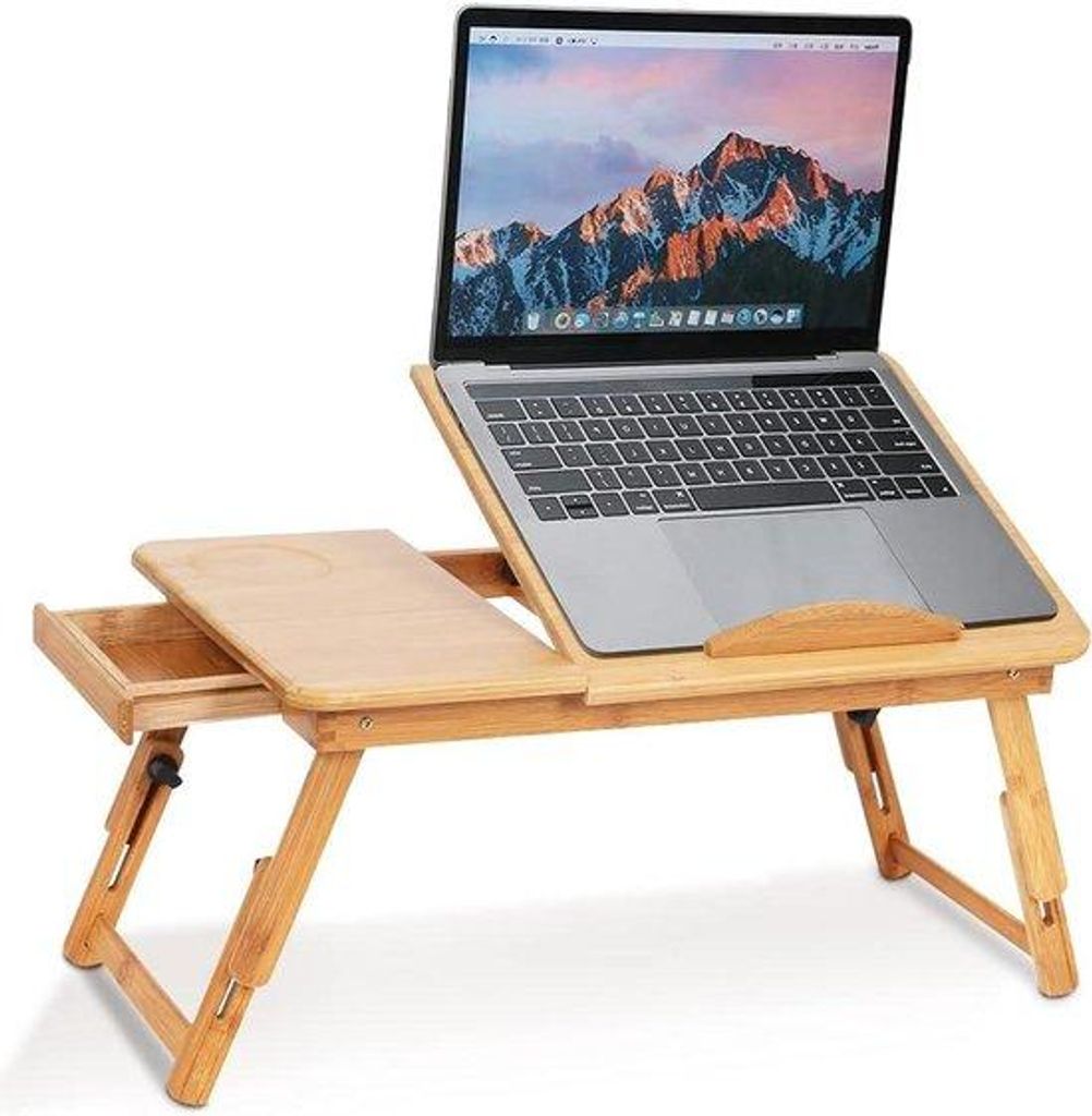 Bamboe laptopstand met hoogteverstelling, USB-lade und Lüftungslöchern