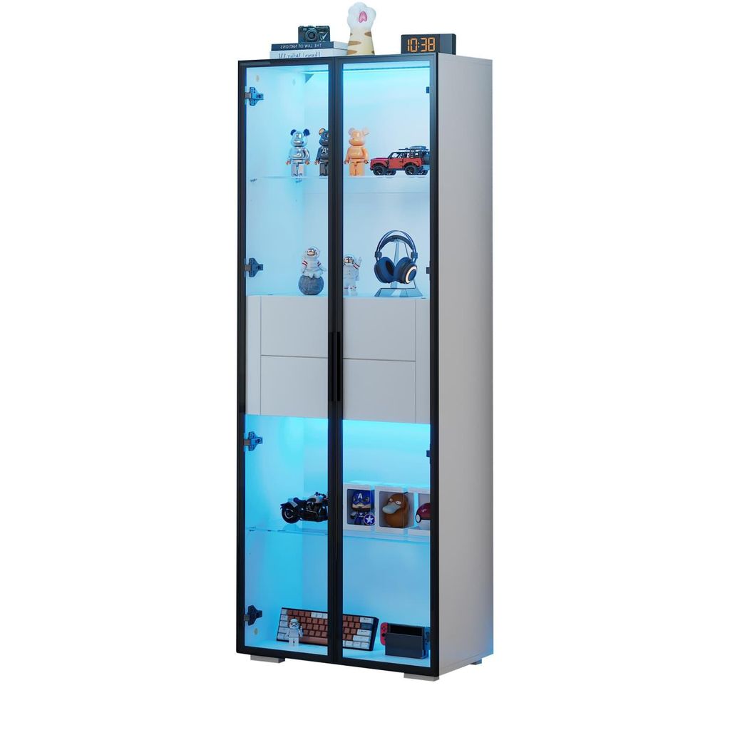 Vitrine Schranktür aus gehärtetem Glas,Lagerschrank mit LED,2Glasboden,2Schubladen,Highboard,Wohnzimmerschrank,Aufbewahrungsschrank,Hochschrank