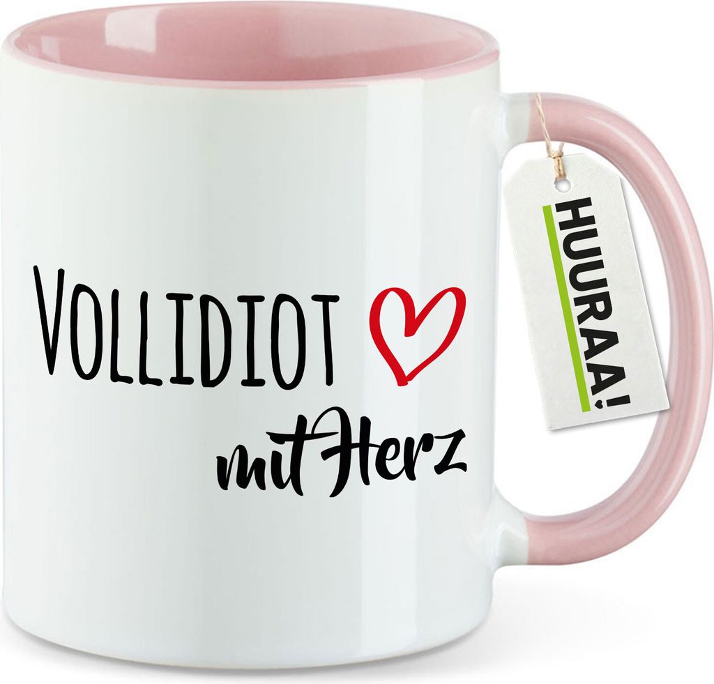 Huuraa Kaffeetasse Vollidiot mit Herz 330ml Rosa Keramik Kaffeebecher Geschenkidee