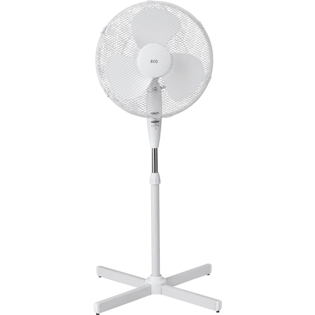 A white pedestal fan is shown against a white background.