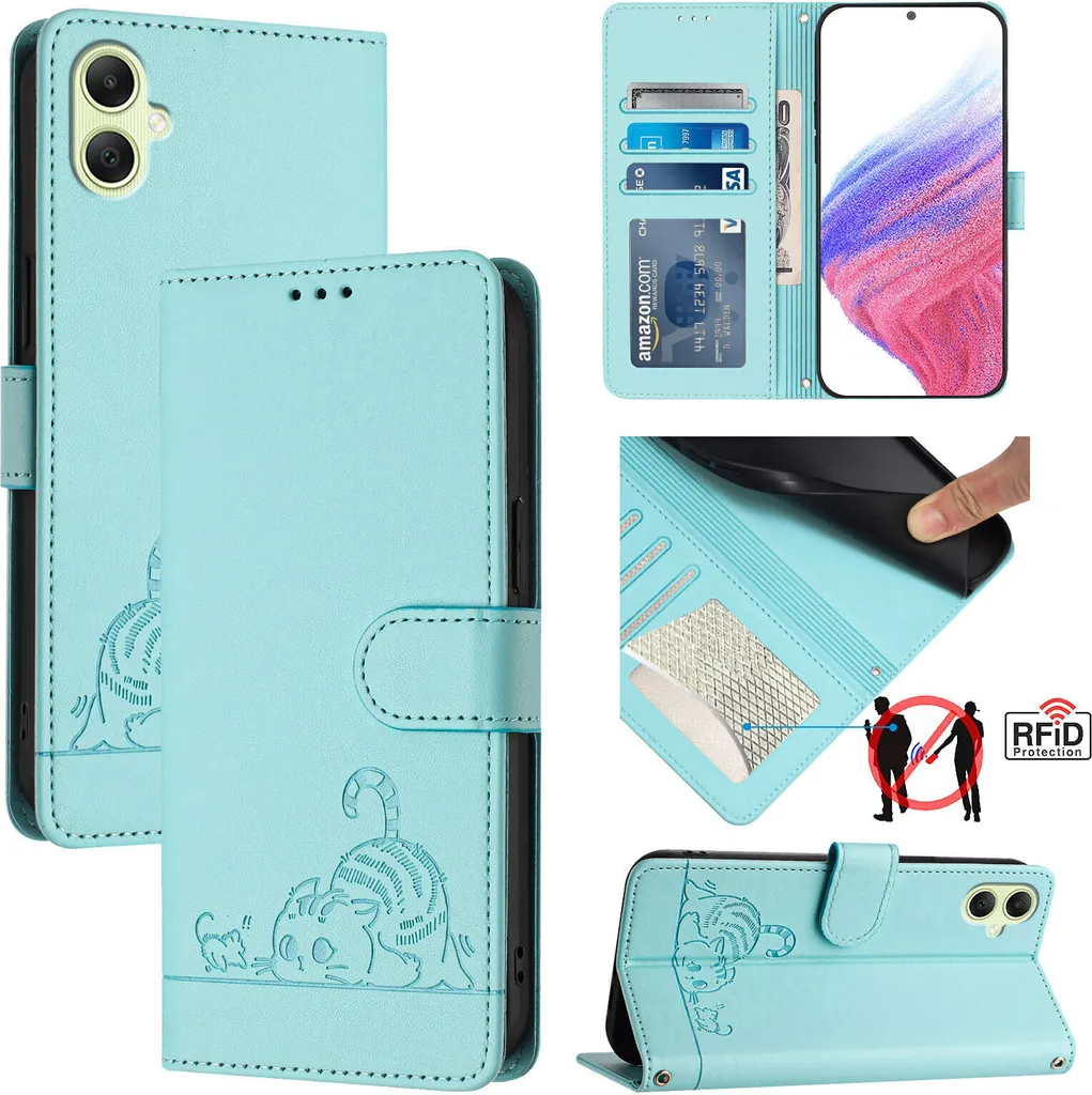 Custodia Samsung Galaxy A05 Pelle Verde con Gatto - Portafoglio e Stand