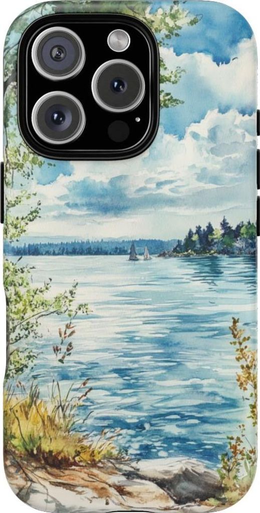 Aquarell-Landschaft mit See, Bäumen und Segelbooten – Hülle Kompatibel mit iPhone 16 Pro
