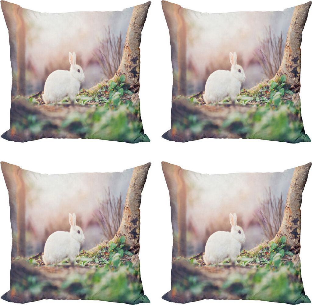 ABAKUHAUS Osterhase Kissenbezug Set (4 Stück), Frühling Kaninchen Wald, Moderner Doppelseitiger Digitaldruck, 50 cm x 50 cm, Mehrfarbig