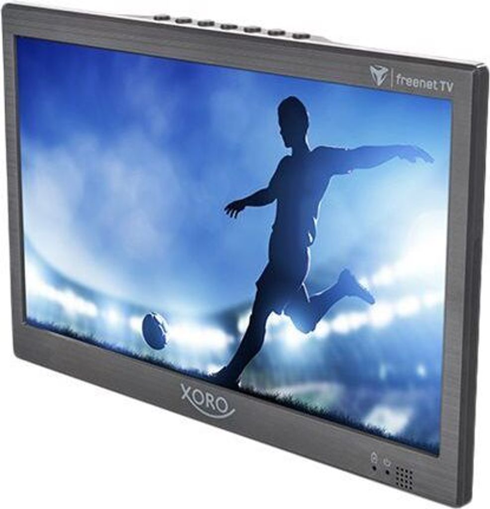 A portable TV displaying a soccer game.