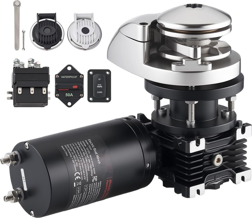 Elektrische Ankerwinde - 12V DC 1100W - Zugkraft 320 kg - Edelstahl 316 - Für Boote 6–11 m - Für 6 mm Ankerkette - Für 14–16 mm Nylonseil