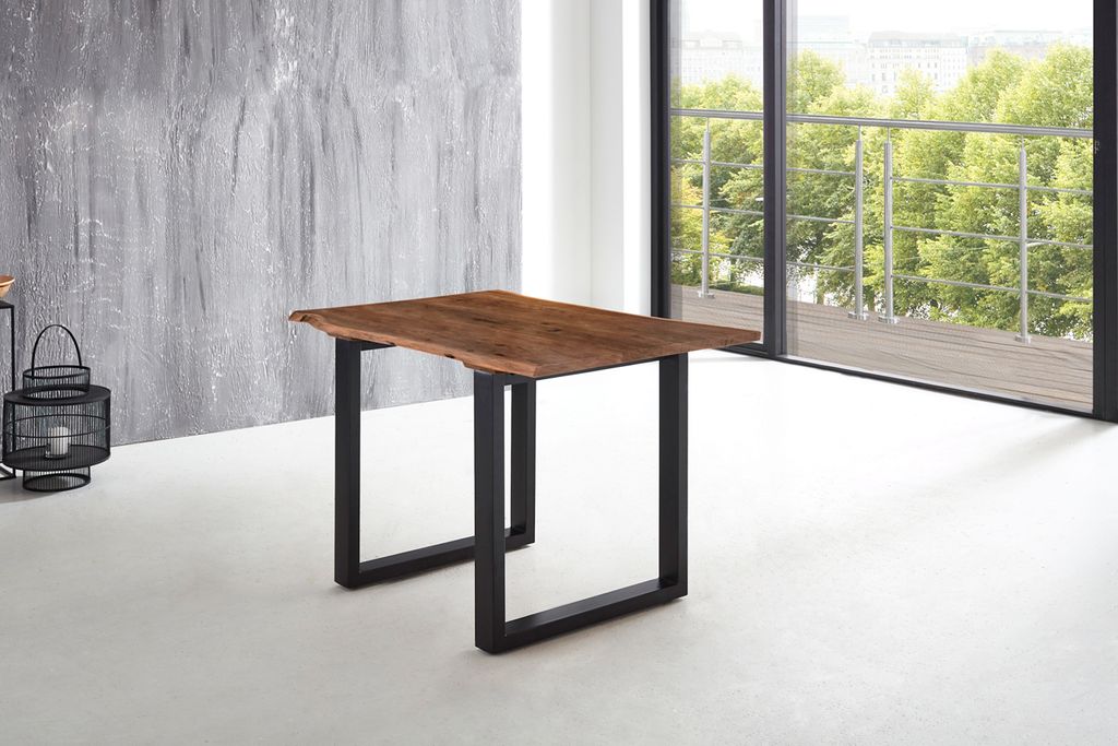 Esstisch Baumkante massiv Akazie nussbaum 160 x 85 U-Gestell schwarz LUBIN