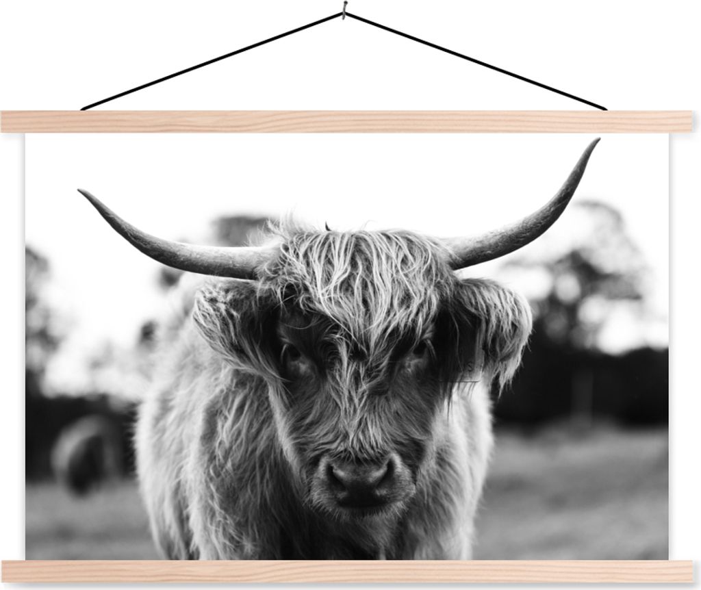 MuchoWow Textilposter Schottisches Hochlandrind - Kuh - Gras - Tiere - Natur 120x80 cm mit holzfarbenen Rahmen - Aufhängeset