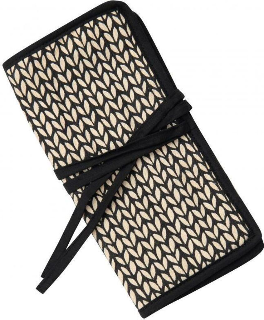 A closed roll-up case for knitting needles with a leaf pattern.
