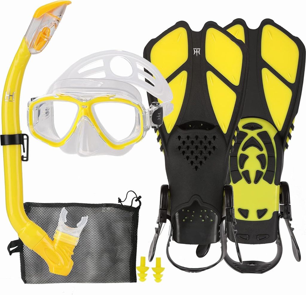 Schnorchelset für Kinder: 180° Panorama-Tauchmaske mit breitem Sichtfeld, verstellbare Schwimmflossen, hochwertiges Tauchermaske und Dry-Top-Schn...