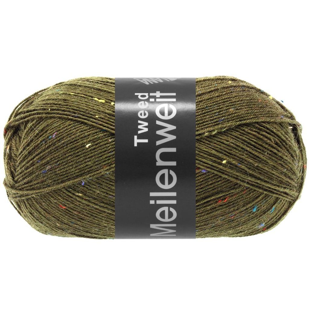 A ball of green yarn with colorful flecks, with a black label around it.
