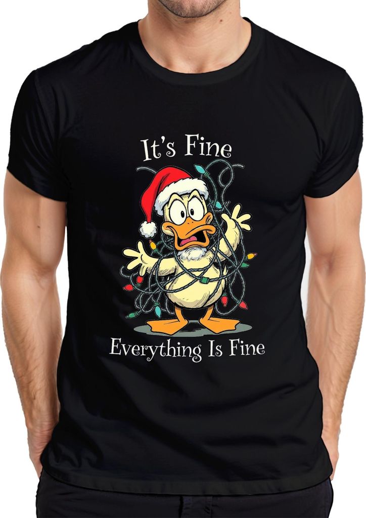 It's Fine Everything Is Fine Ente Weihnachten Lichterkette lustig Herren T-Shirt, Schwarz, L