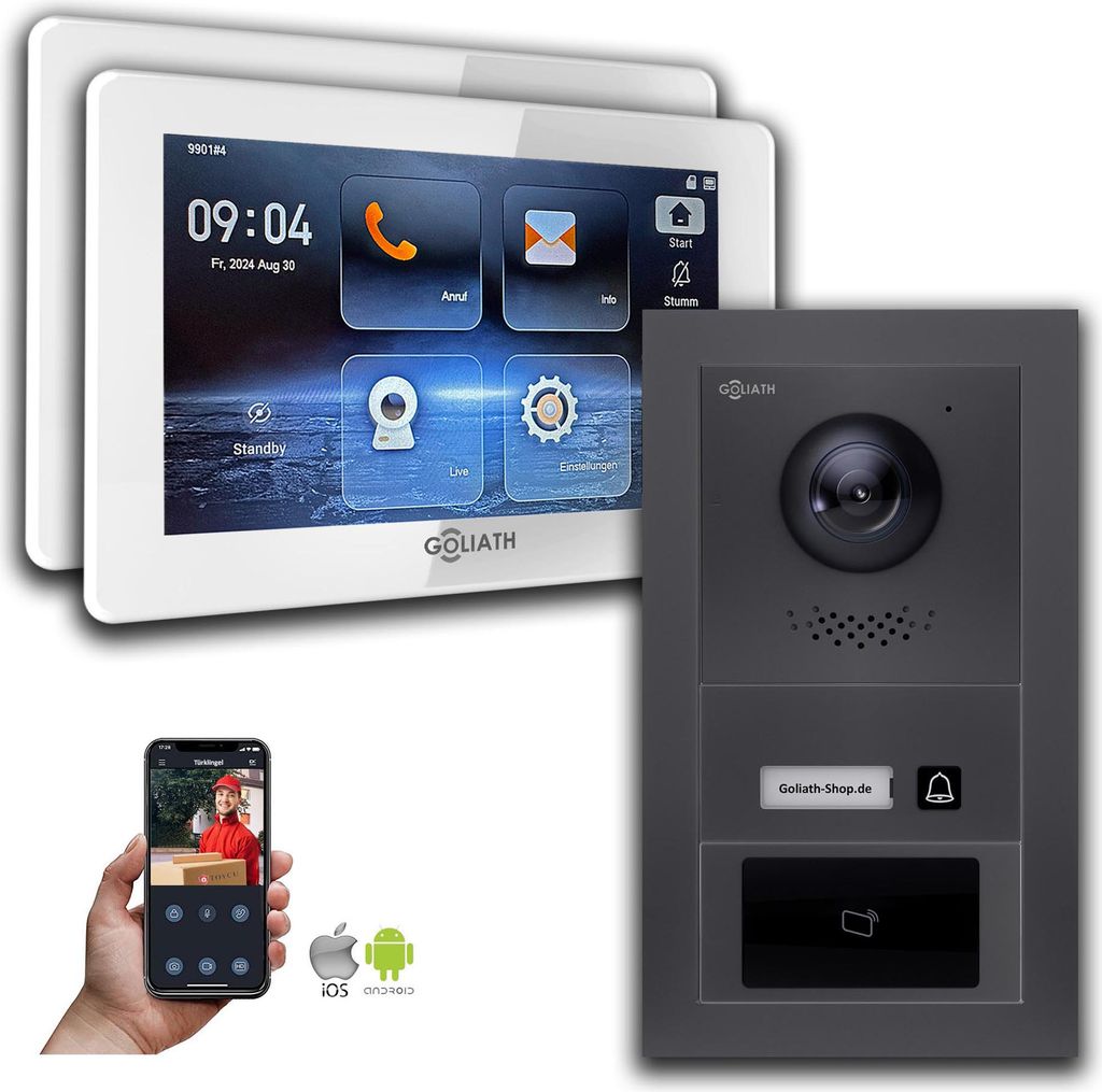 Goliath IP Video Türsprechanlage mit Kamera 7-Zoll RFID Anthrazit : 7 Zoll in Weiß : Unterputzdose : 2 Monitore Anzahl: 2 Monitore Farbe: 7 Zoll ...