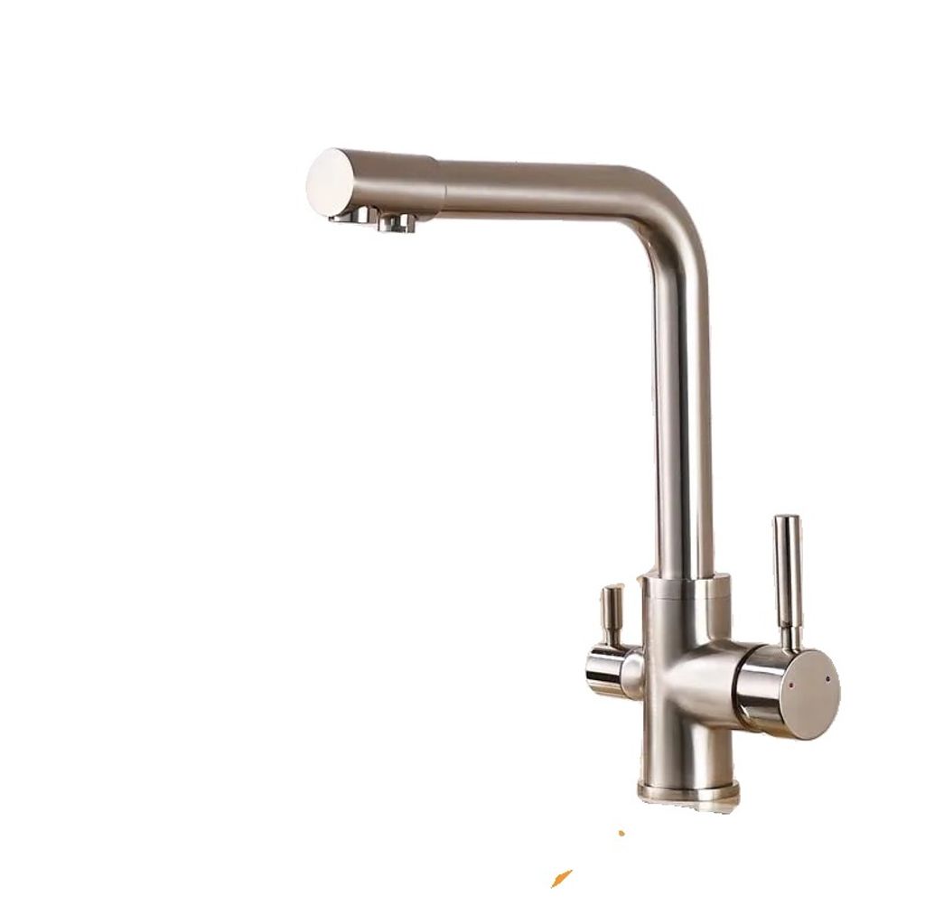 A brushed nickel kitchen faucet with two handles and a water filter spout, shown against a white background.