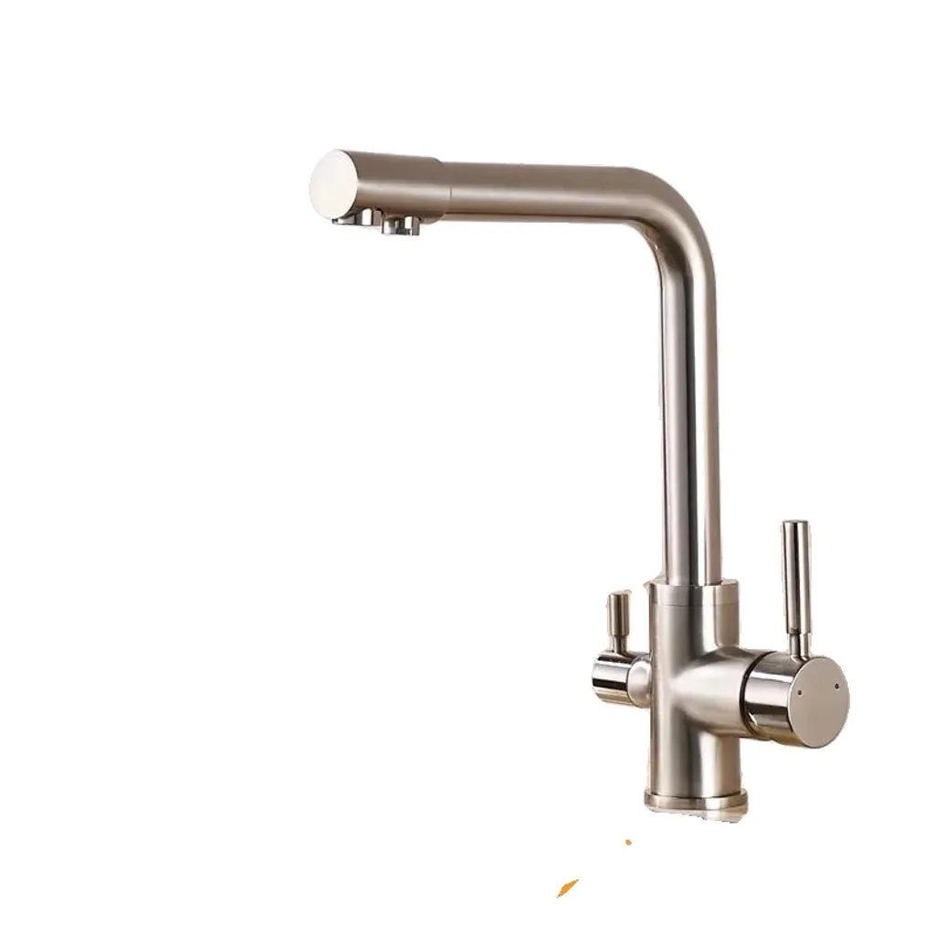 Rubinetto da cucina a soffitto con due maniglie, filtro per acqua depurata, rotazione di 360 gradi, finitura nichel spazzolato