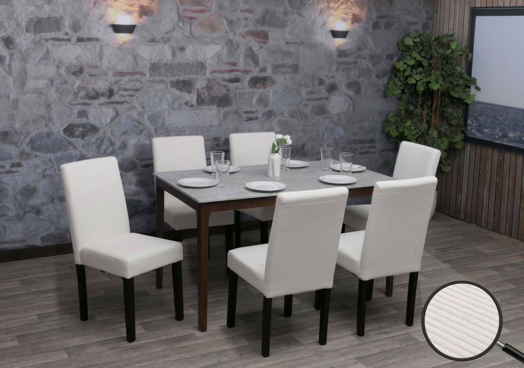 6er-Set Esszimmerstuhl Littau, Stuhl Küchenstuhl Hochlehner, Stoff/Textil Cord Holz creme, dunkle Beine