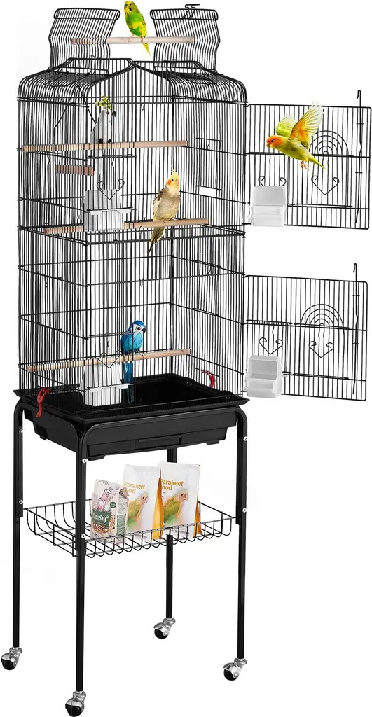 Cage oiseaux grande capacité avec toit ouvrant et support métal 151cm
