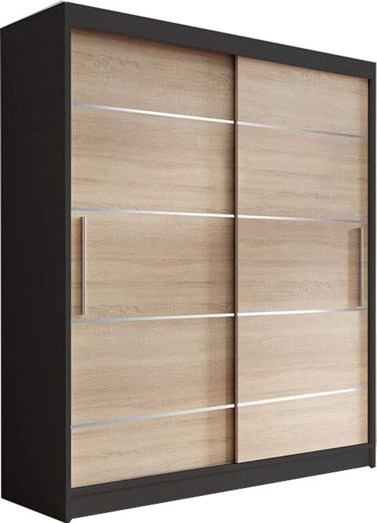 Schlafzimmerschrank mit 2 Schiebetüren + dekorativen Elementen aus Lebensmittel, Kleiderstange (Stange) mit Einlegeböden (B x H x T): 150 x 200 x...