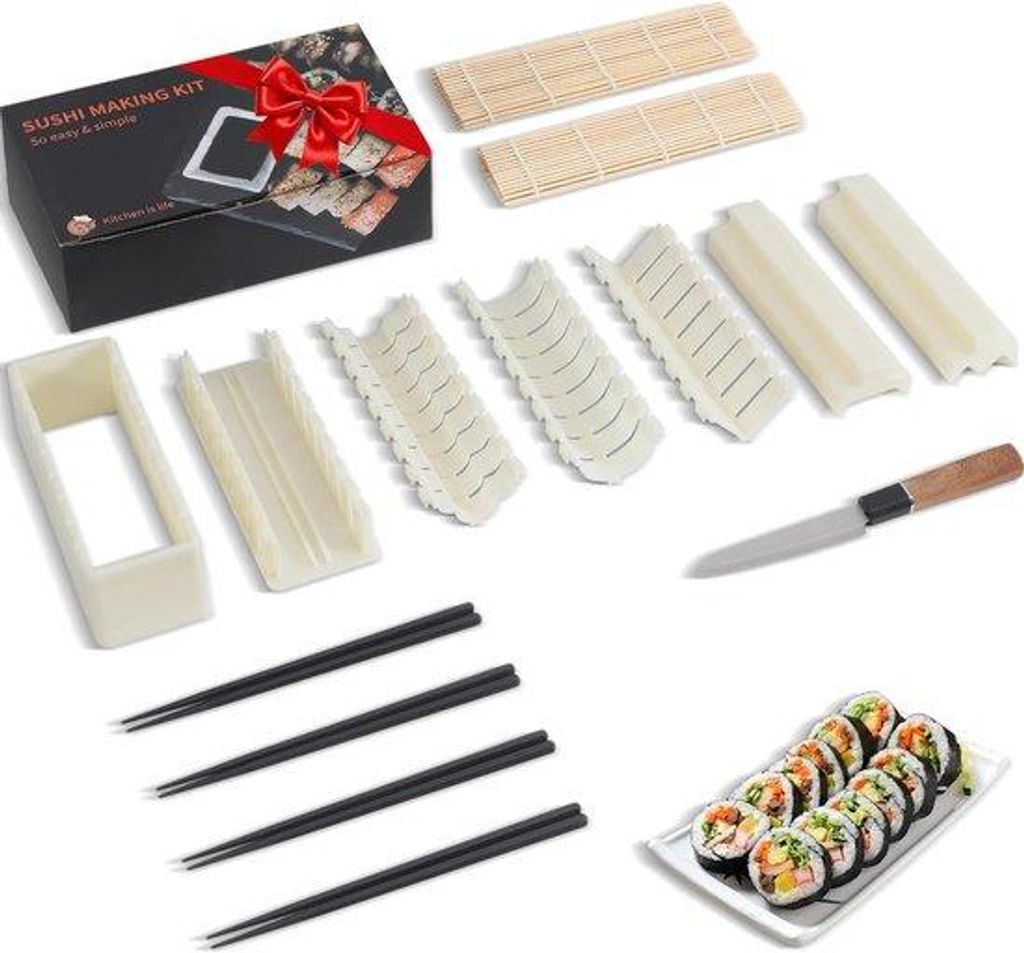 Sushi-Machinensatz - Vollständiges Starterkit - Mit Roller, Schneideform, Messer, Heringen und Essstäbchen - Weiss