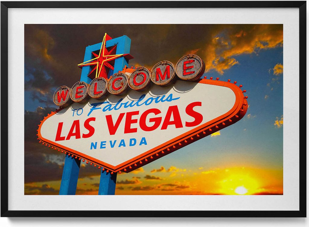 Las Vegas-Schild bei Sonnenuntergang– Wandbild mit Rahmen – Gerahmtes Bild – Wanddekoration – 100x70 cm – Schwarz Rahmen
