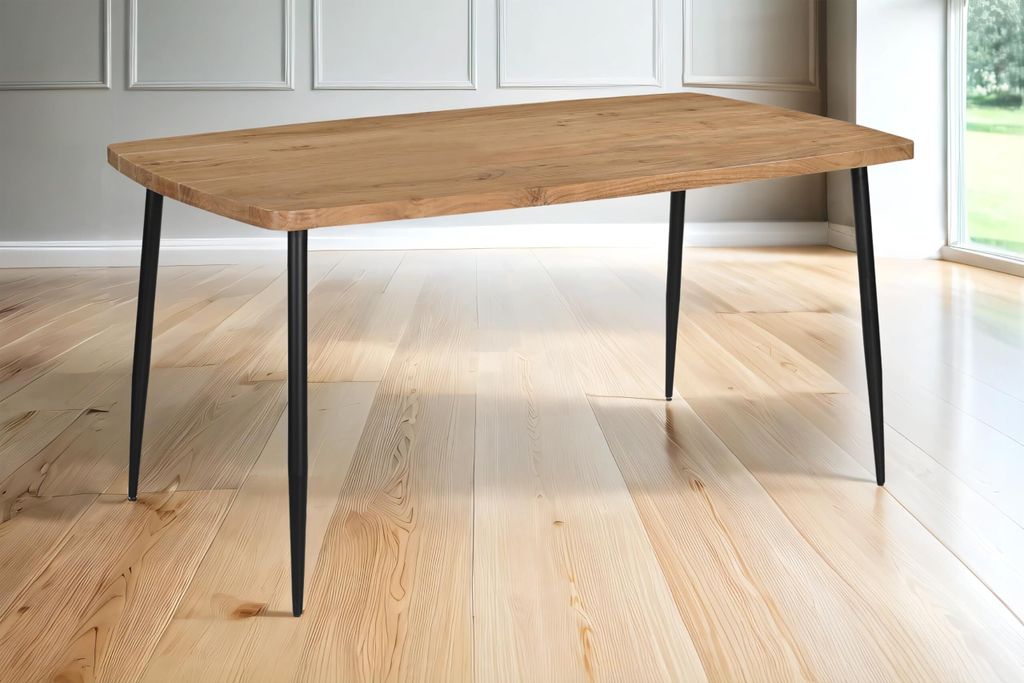 Esstisch 160 x 85 cm Irene, Holztisch aus Akazie, naturfarben + massiv, Gerade Kante, bootsförmiger Esszimmertisch mit konischem 4-Fuß-Gestell au...