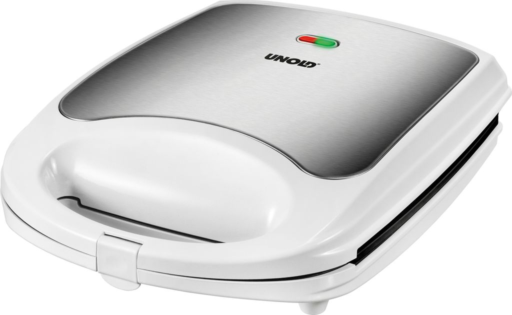 Der Unold Sandwich-Toaster Quadro ist ein weißer und silberner elektrischer Sandwichmaker mit geschl