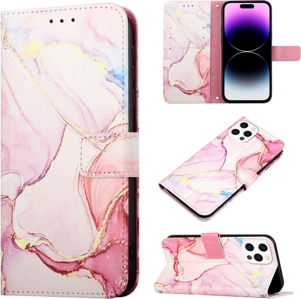iPhone 15 Pro Hülle, Marmor Motiv Kunstleder Tasche Wallet Kartenfächer mit Standfunktion Klapp Schutzhülle für iPhone 15 Pro Pink Weiß