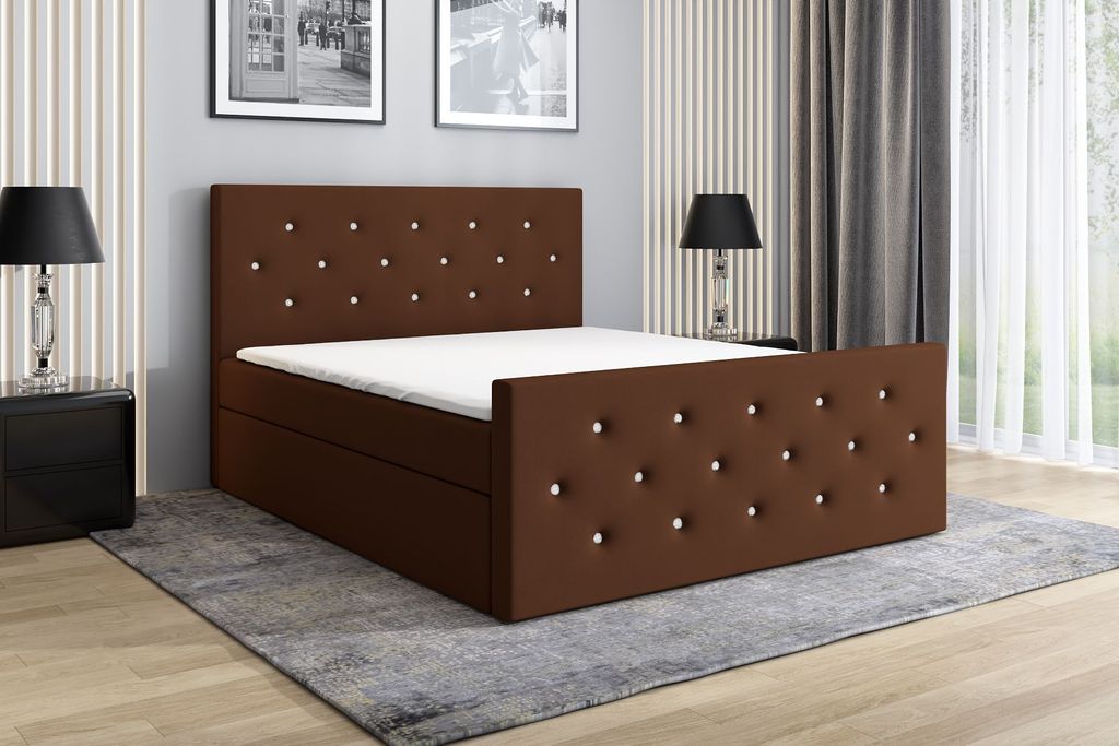 Boxspringbett REINN 140 x 200 mit 2 Bettkästen, Bonell-Matratze und Topper. Farbe: Braun