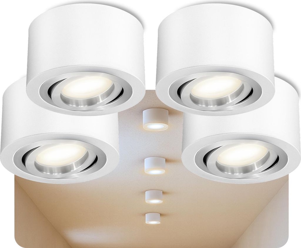 SSC-LUXon 4 x LANTI Aufbauspot weiß rund silber Innenring – schwenkbarer Strahler mit LED 4W neutralweiß 230V – Spot für Wohnzimmer & Küche