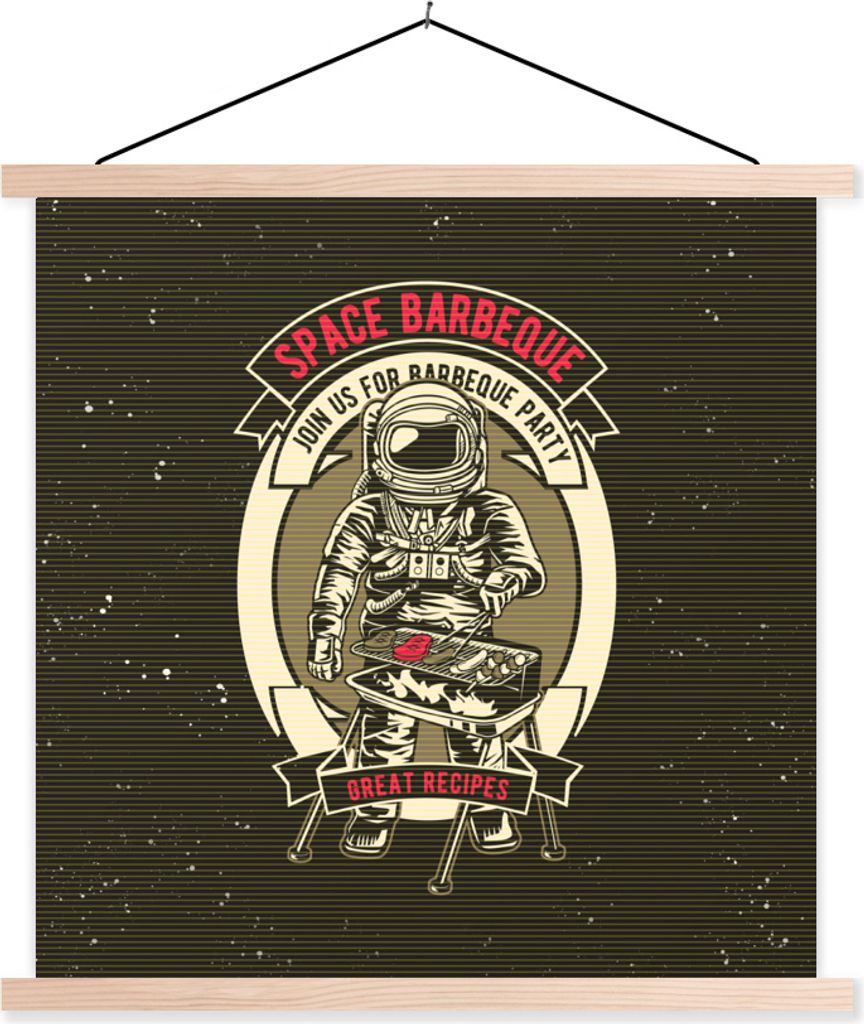 MuchoWow Textilposter Jahrgang - Astronaut - BBQ 60x60 cm mit holzfarbenen Rahmen - Wanddekoration