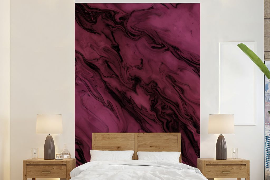 MuchoWow Fototapete für Wohnzimmer oder Schlafzimmer Wandtapete Vinyl Motivtapete Marmor - Schwarz - Rosa - Linie - 195x300 cm - Das Hintergrund...