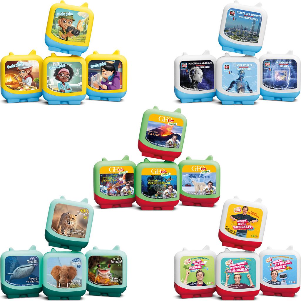 A collage of various toy audio players with different characters and themes displayed on their screens.