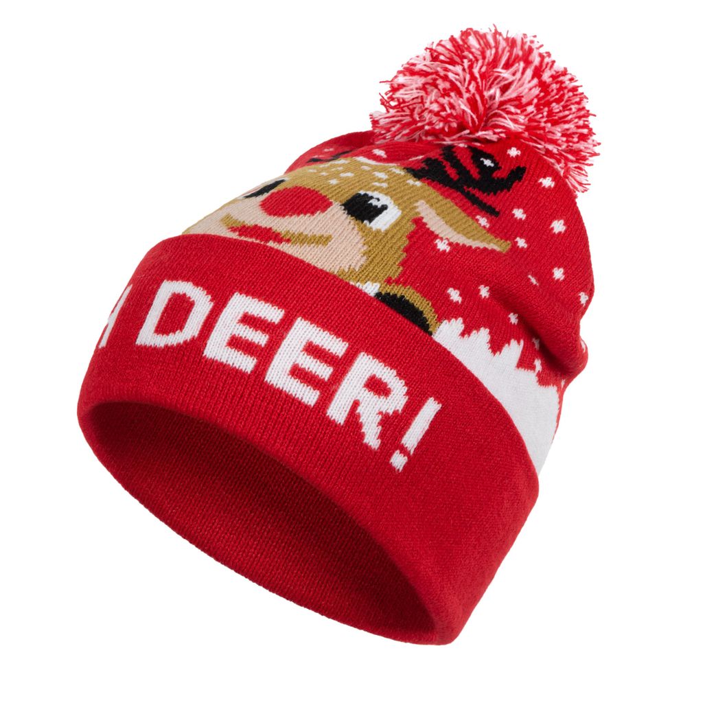 Uni Strickmütze mit Bommel Rentier-Motiv HEYO Wintermütze für Damen & Herren Lustige Weihnachtsmütze Rentier