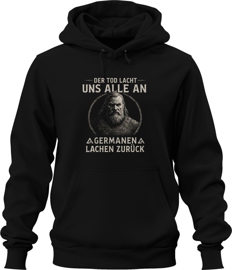Wikinger Spruch Der Tod lacht uns alle an Lustig Spruch Valhalla Uni Hoodie Kapuzenpullover, Schwarz, XL