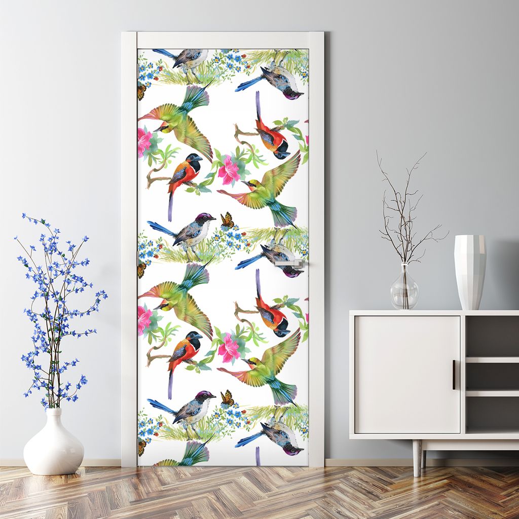 Dekorative Türaufkleber selbstklebend Klebefolie Aufkleber Bunte Vögel weiß 85 x 200 cm