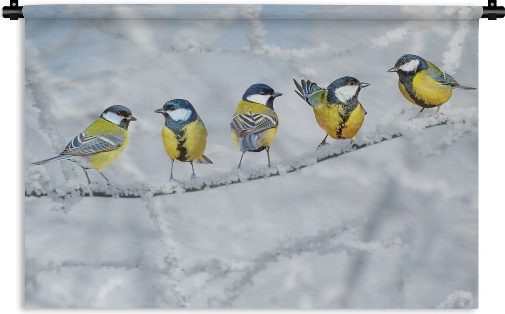 MuchoWow Wandteppich Wandbehang Vogel - Kohlmeise - Winter - Schnee - Zweige 90x60 cm Tapisserie Dekoration Wandtuch - Wandskulpturen - Bildteppich