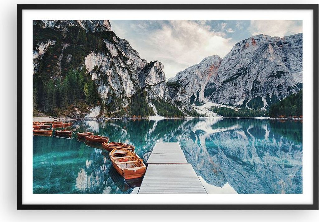 Gerahmtes Poster - Schwarzer Rahmen - Boote Berge Hafen - Produktbild 